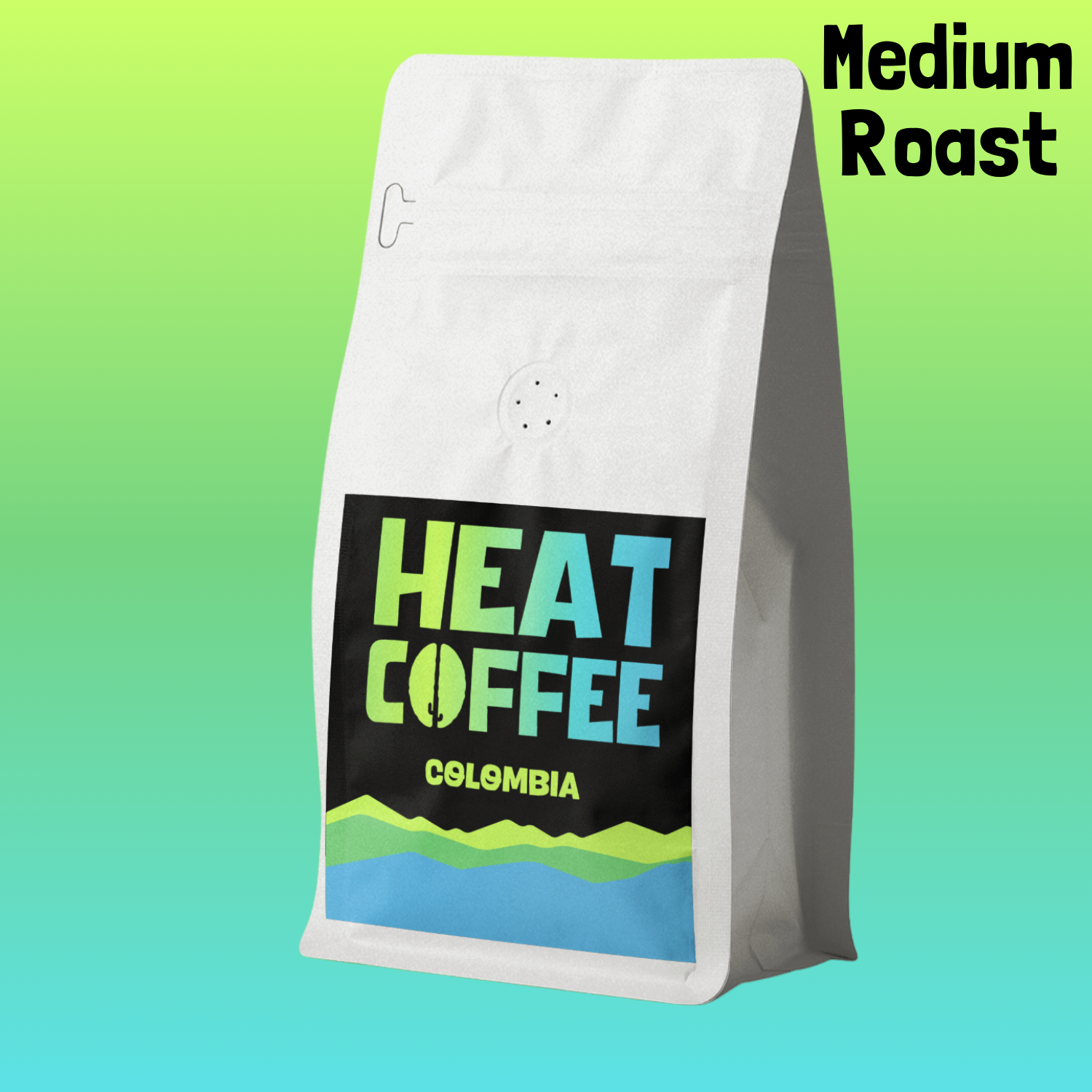 Coffee bag labeled 'HEAT COFFEE' with 'Medium Roast' text on a gradient background