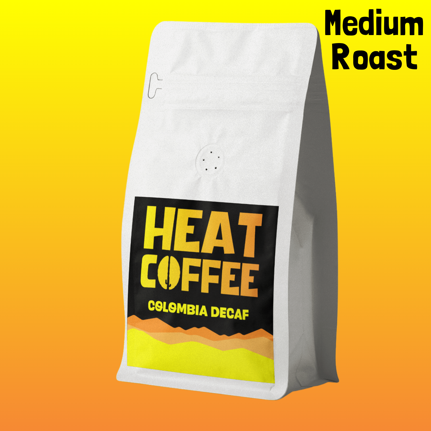 Coffee bag labeled 'HEAT COFFEE' with 'Medium Roast' text on a gradient yellow to orange background.