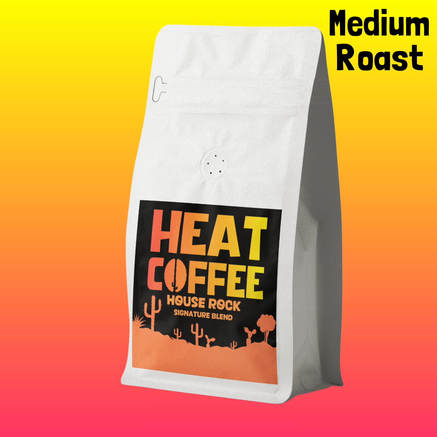 White coffee bag with 'Heat Coffee House Rock' design on a gradient yellow to red background