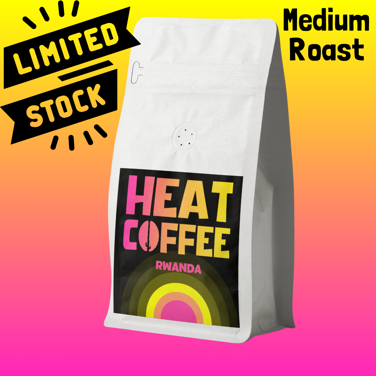 White coffee bag with 'Heat Coffee Rwanda' branding on a gradient yellow to pink background with 'Limited Stock' text.