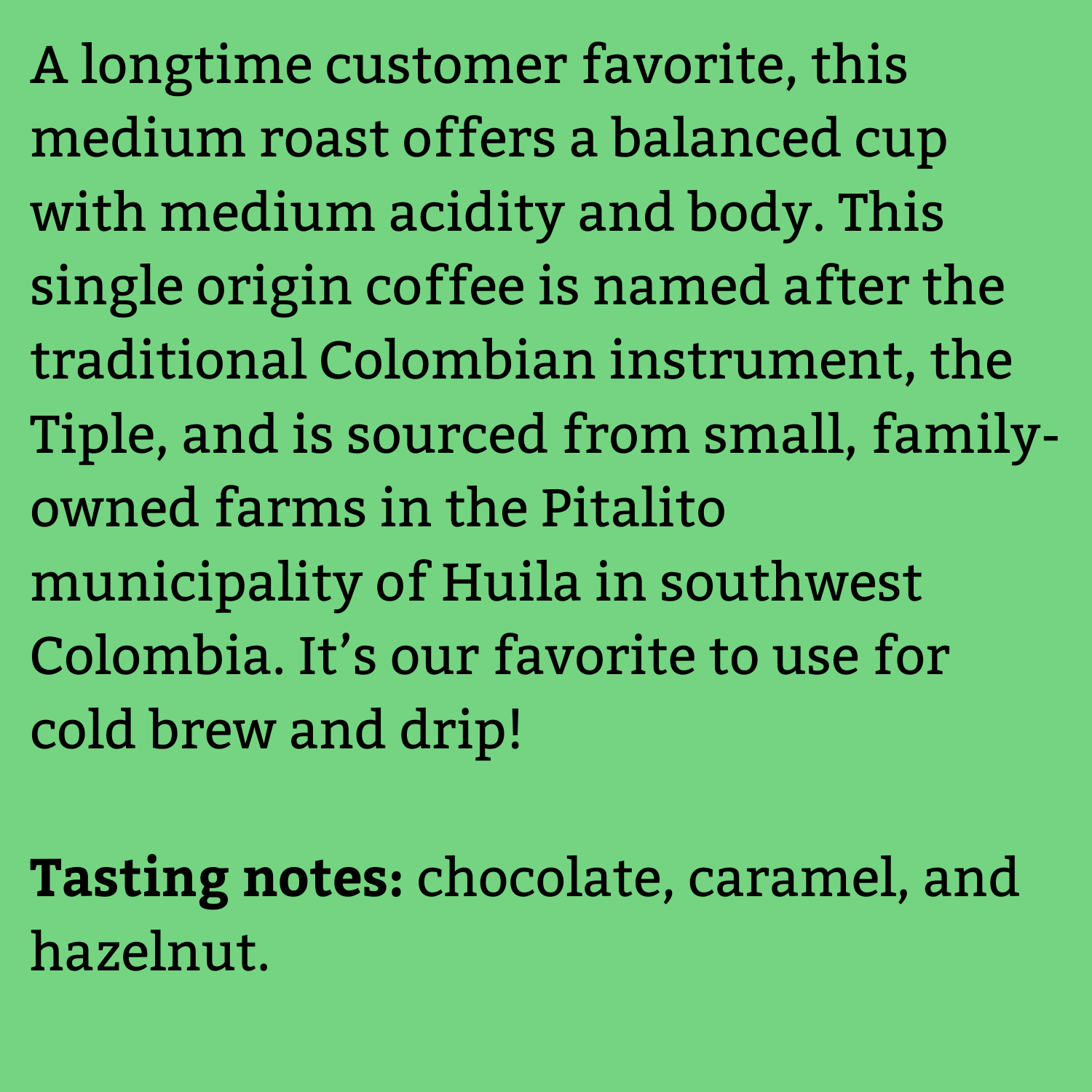 Text description of a coffee product on a green background