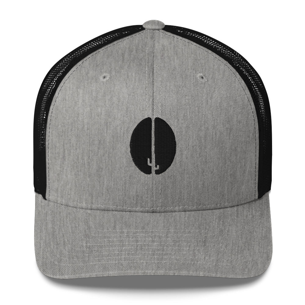 Trucker hat grey with black back and Heat Coffee cactus bean logo