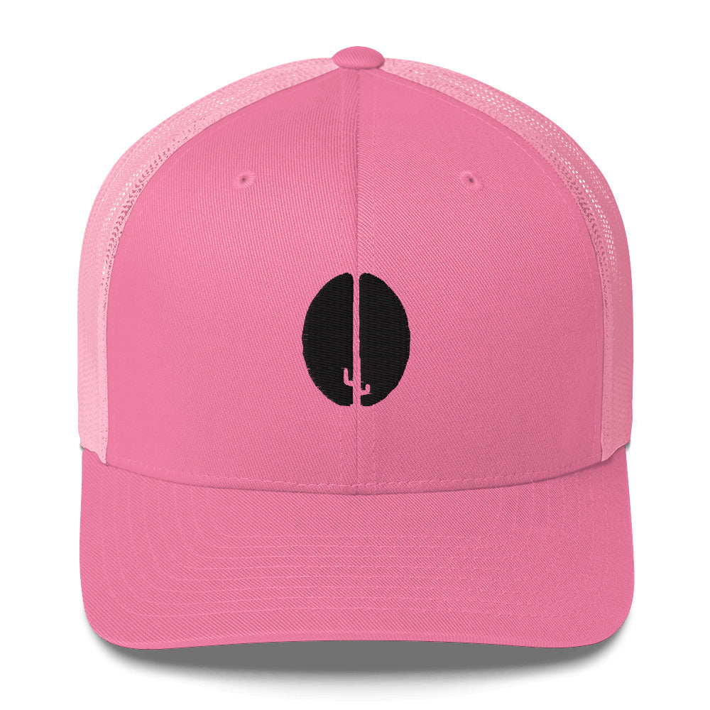 Trucker hat pink with pink back and Heat Coffee cactus bean logo