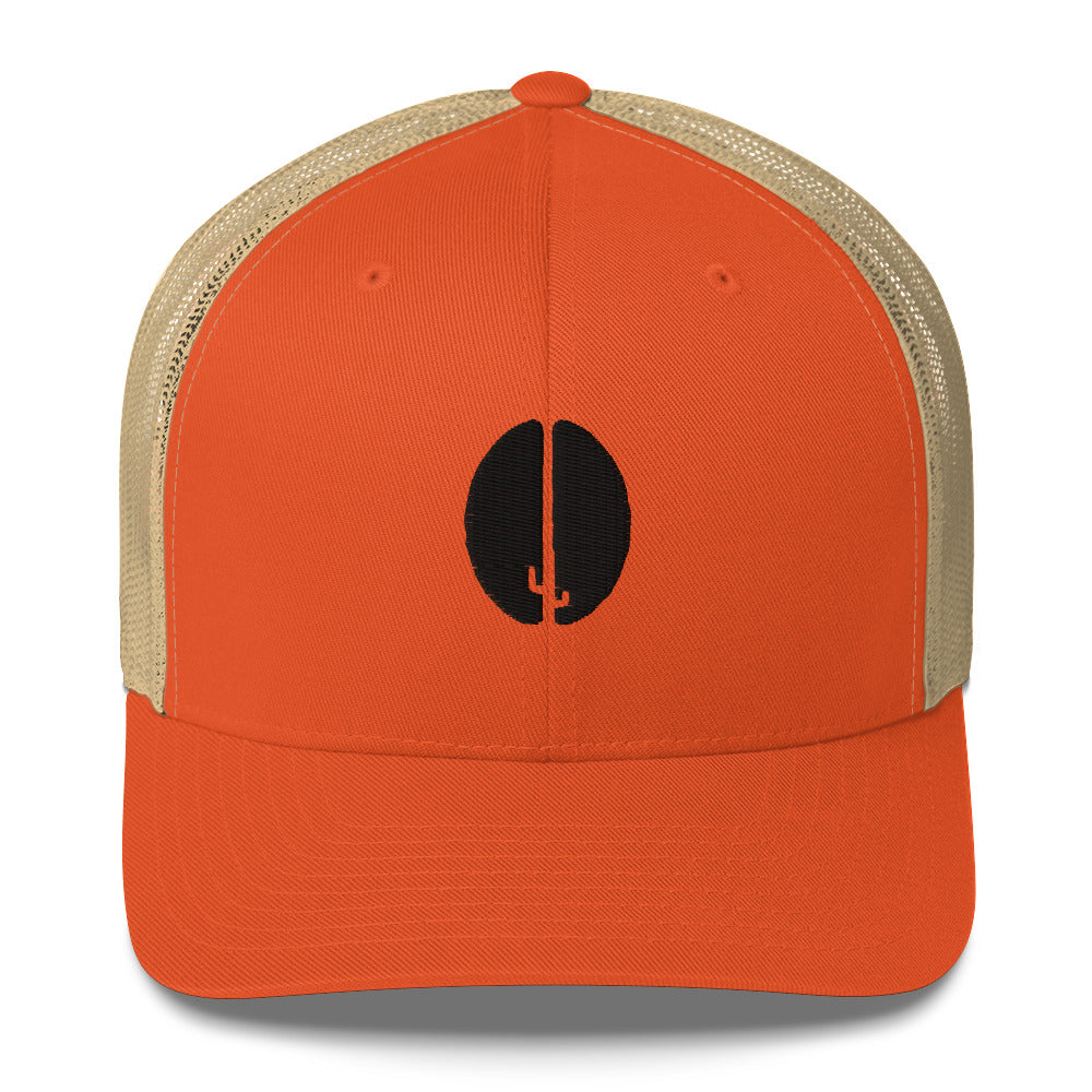 Trucker hat orange with tan back and Heat Coffee cactus bean logo