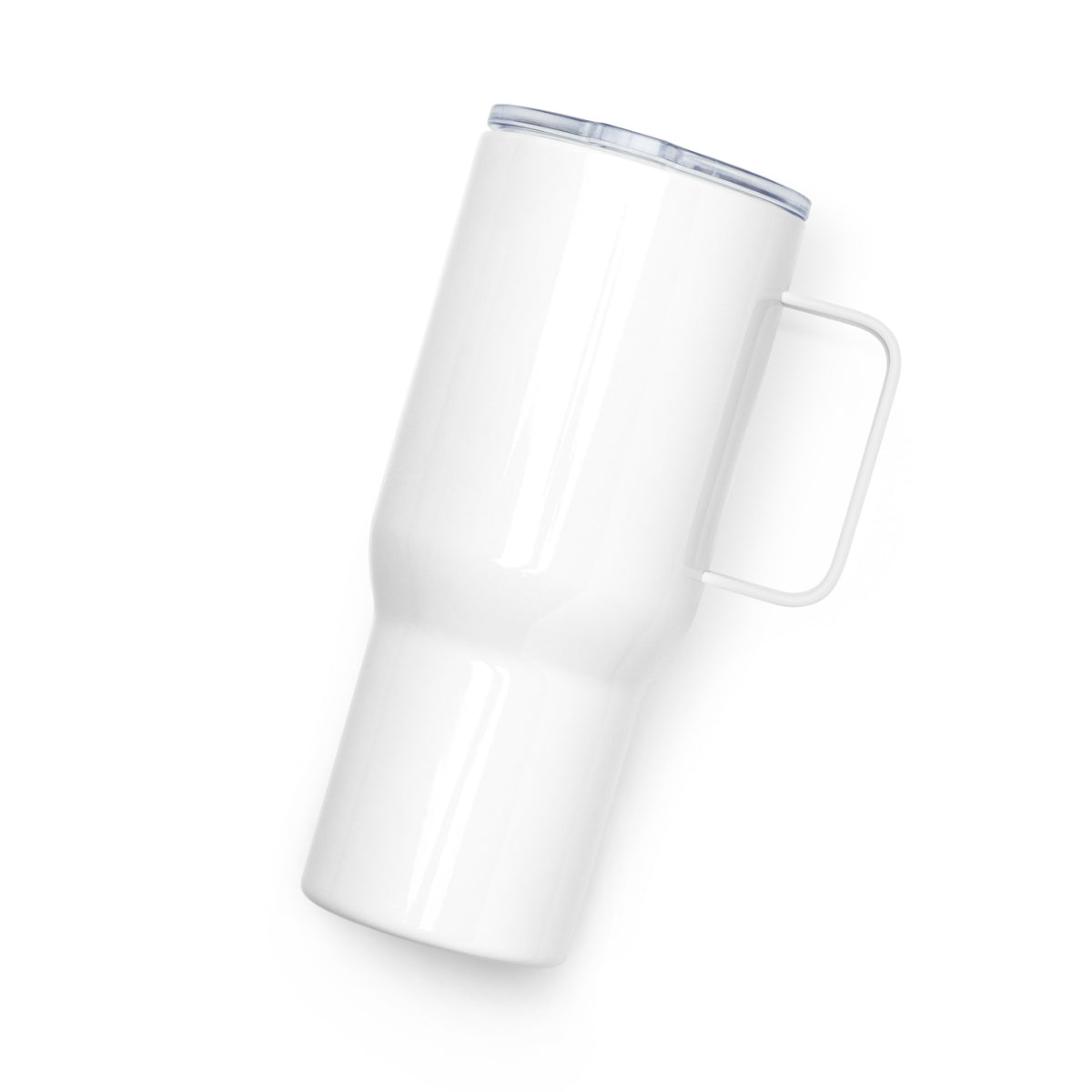 Back of white travel mug