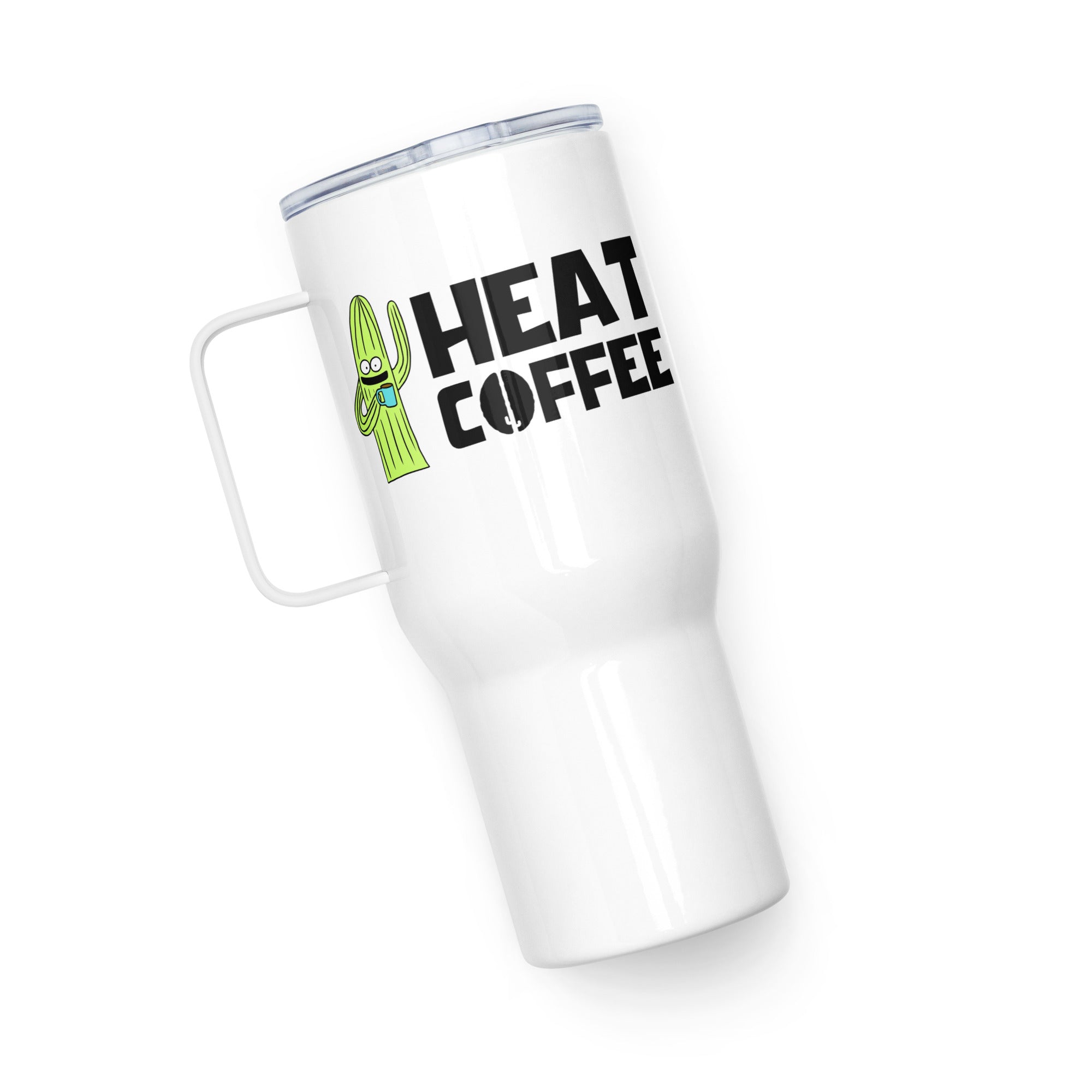 A white travel mug with a green 'heat coffee' logo and a spill-proof plastic lid.