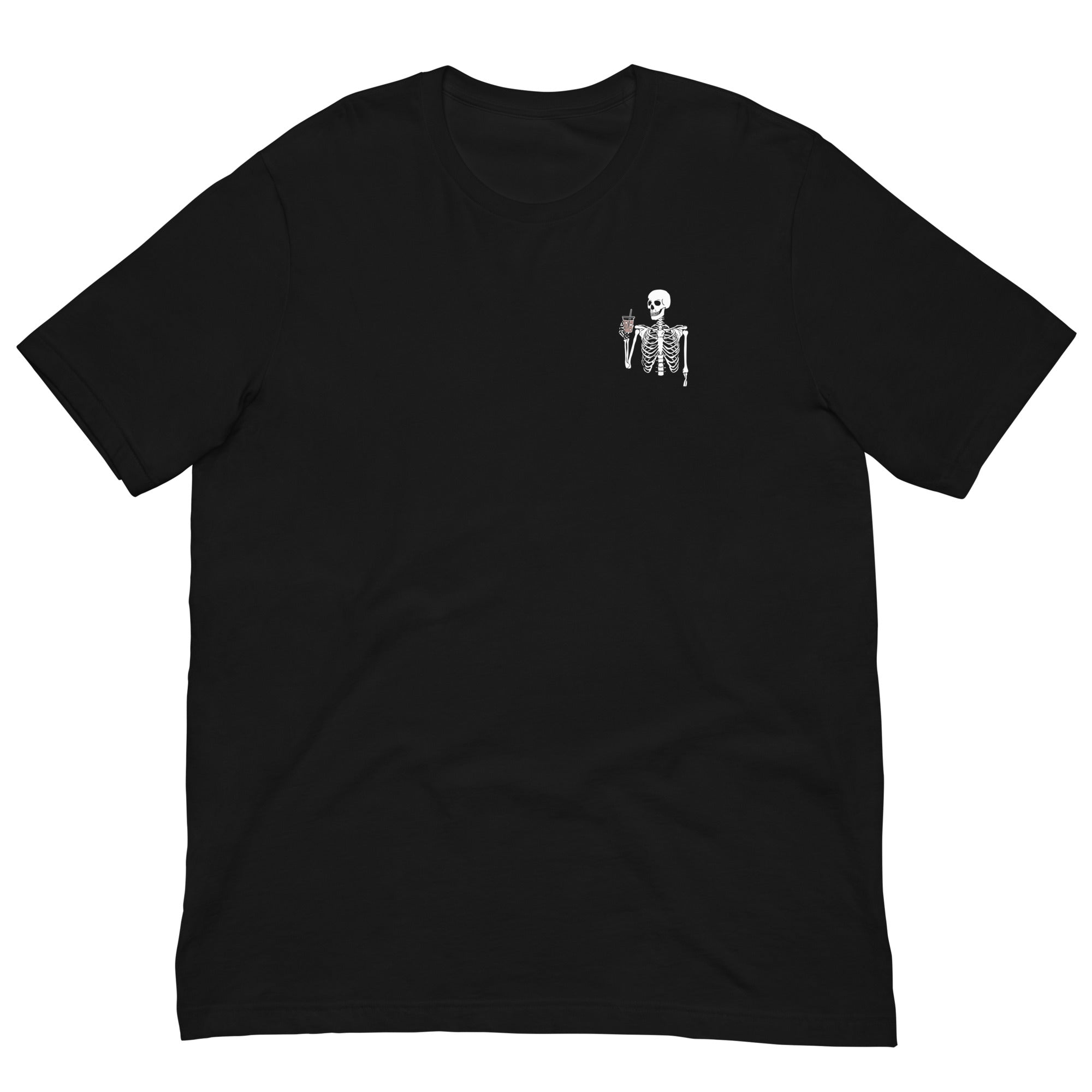 Front of the shirt with a skeleton on it drinking coffee
