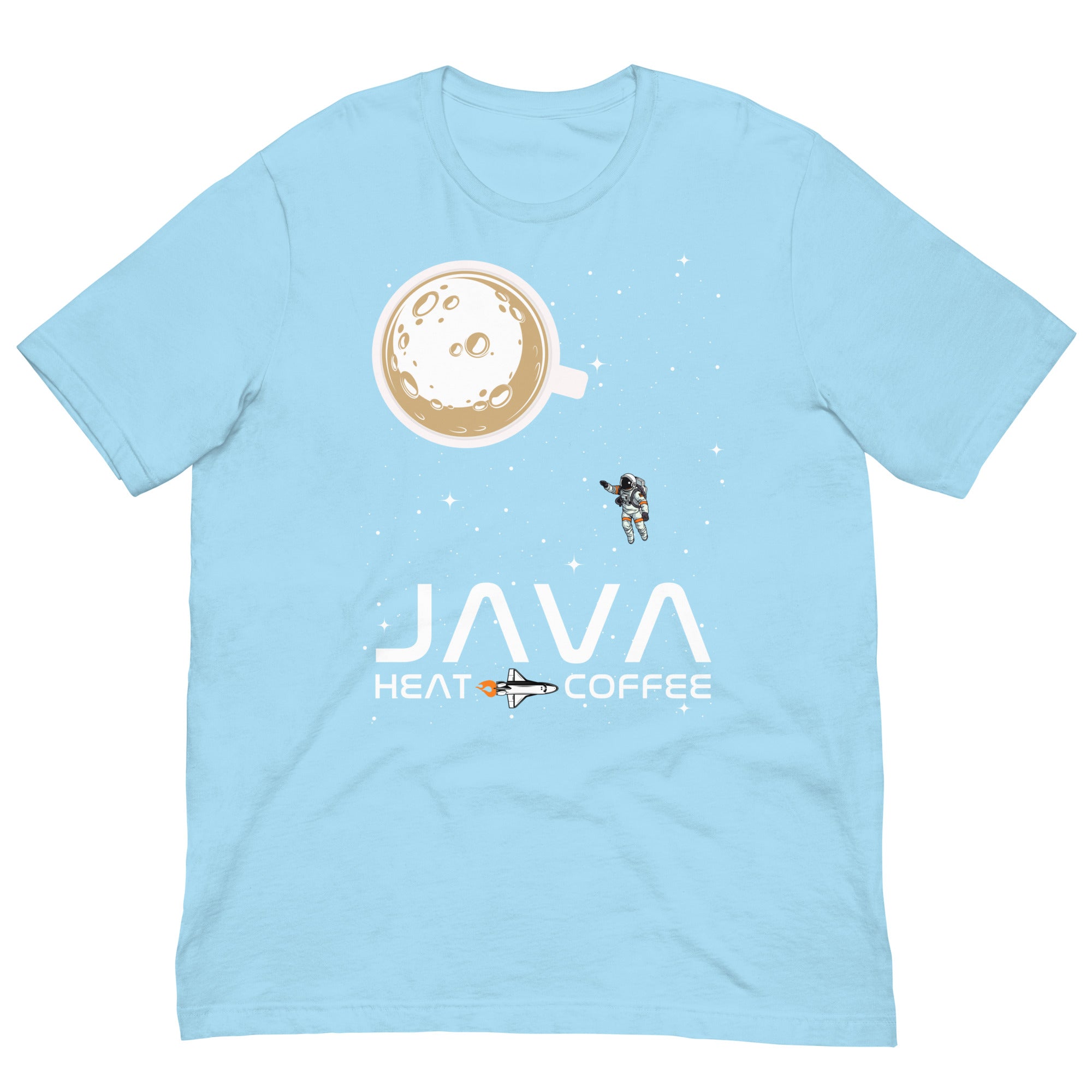 Light blue shirt with moon made out of coffee mug and words JAVA in NASA logo and astronaut